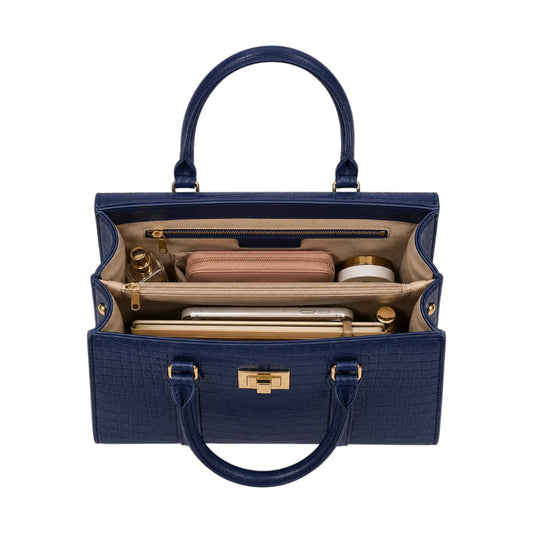 Bagnar Navy Croc-Embossed Satchel Handbag