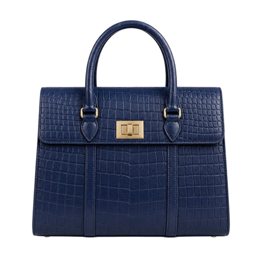 Evoria Navy Croc-Embossed Satchel Handbag