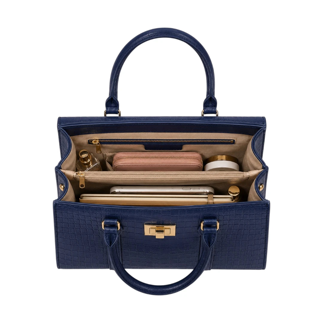 Evoria Navy Croc-Embossed Satchel Handbag